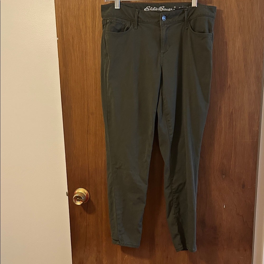Eddie Bauer army green jeans(slightly curvy, skinny ankle)